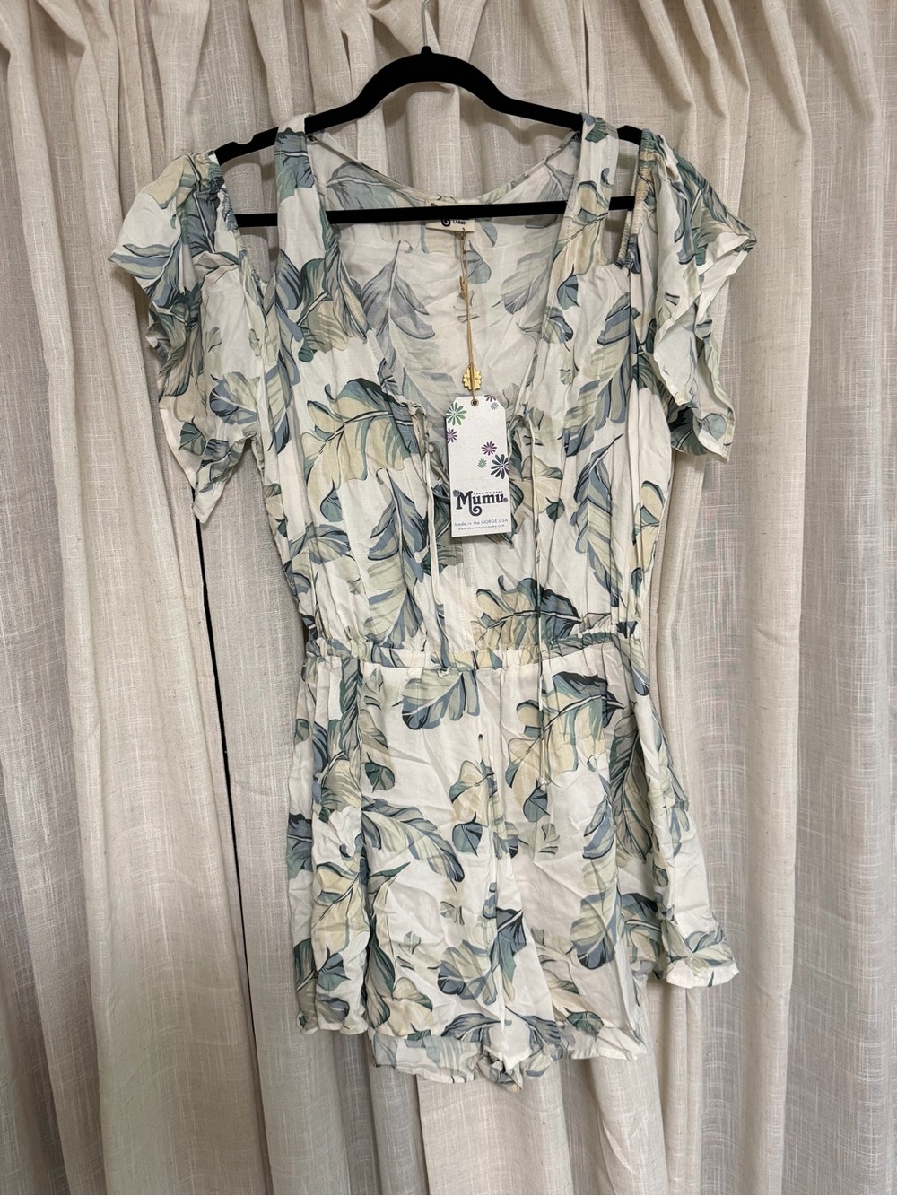 Mumu Floral Leaf Print Romper in White and Sage